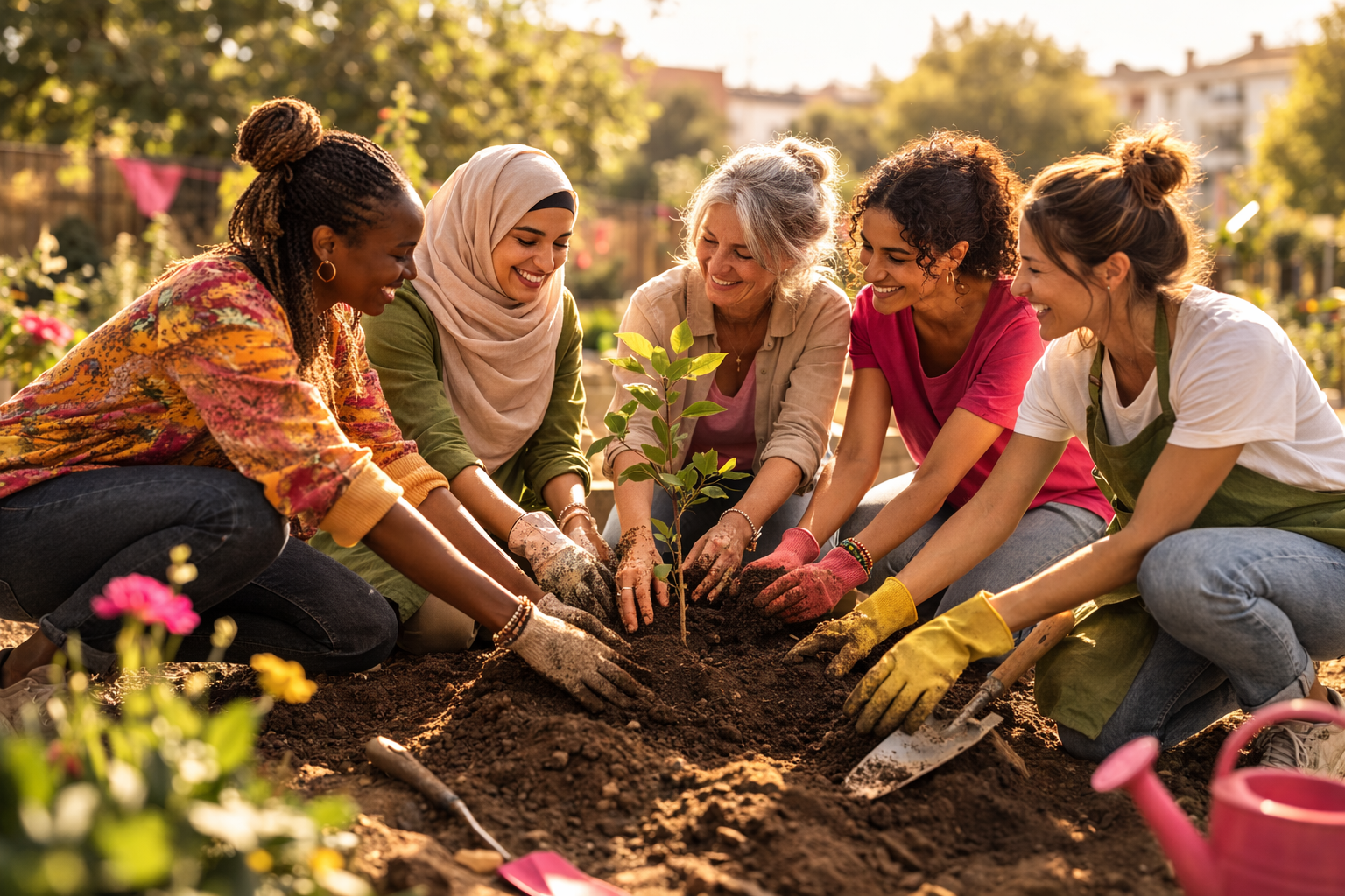 Femmes plantant ensemble dans un jardin communautaire, symbolisant les valeurs de solidarité